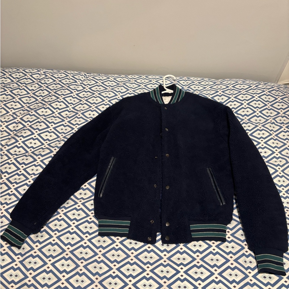 Fleece Navy Blue Varsity Jacket with Green Accents